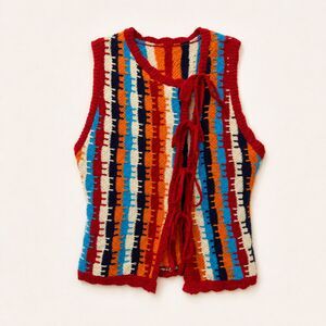 Cider Crochet Knit Tie Front Sweater Vest Multicolor Striped Cotton Blend Boho